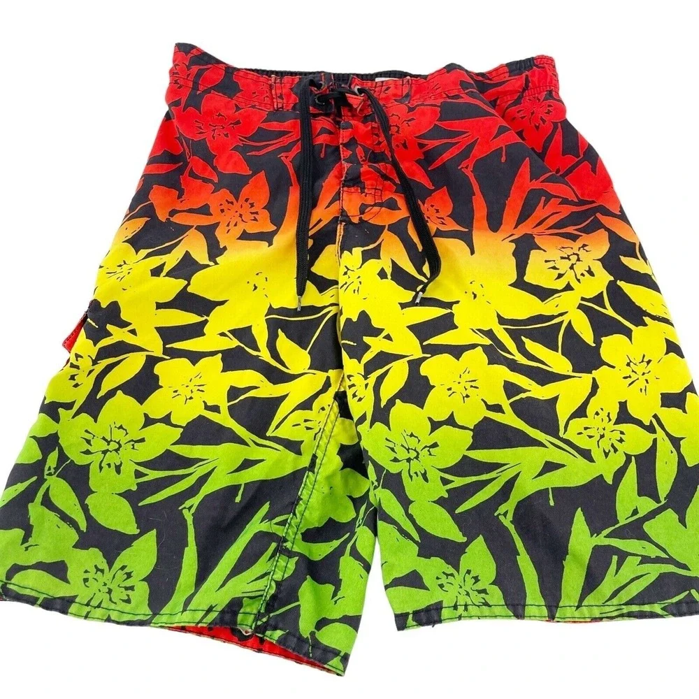 Hang 10 Hawaiian Floral Gradient Mens Board Shorts Medium Surf Colorful Rainbow‎